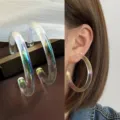 Transparent iridescent resin C-hoop earrings, minimalist fashion statement jewelry for women. - Mermaid Large C