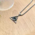 Metal triangle eye pendant necklace detail shot, vintage punk style jewelry accessory for daily wear. - XL0958-1 Pearl Chain