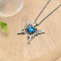 Detail closeup of gothic demon butterfly pendant necklace with blue stone and silver wings. - XL1810-226 Butterfly Blue Evil Eye