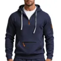 Herren Marineblau Viertel Reißverschluss Fleece Kapuzenpullover mit Kordelzug und Taschen - M / Oberteile / Marineblau