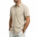 Men's casual waffle short-sleeve shirt detail showing contrast lapel pocket and quick-dry fabric texture. - S / Tops / Khaki