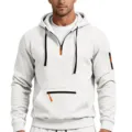 Herren Weiß Viertel-Reißverschluss Fleece Kapuzenpullover Freizeit Langarm Sweatshirt - M / Oberteile / Weiß