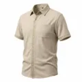 Heren casual wafelstof korte mouw overhemd met borstzak en stijlvolle contrast kraag. - Khaki