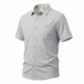 Grijs wafelbreisel korte mouw shirt detail, contrasterende reverskraag, borstzak. - S / Lichtgrijs