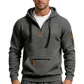 Felpa da uomo grigio scuro con mezza zip, cappuccio, tasche e pile confortevole. - Grigio scuro