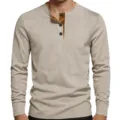 Men's ribbed long sleeve Henley t-shirt casual slim fit vintage basic top beige - Apricot