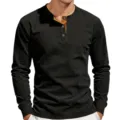 Men's Long Sleeve Henley Shirt Vintage Slim Fit Thermal Cotton Casual Tee Top Black - S / Tops / Black