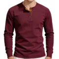Men's Long Sleeve Henley T-Shirt in Burgundy Waffle Knit Slim Fit Casual Thermal Top - S / Tops / Burgundy