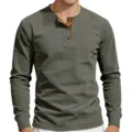 Men's military green long sleeve ribbed henley shirt, retro slim fit thermal cotton top. - S / Tops / Army Green