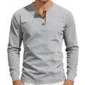 Men's Grey Ribbed Long Sleeve Henley Shirt Slim Fit Casual Thermal Pullover Cotton Top - S / Tops / Light Gray