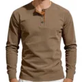 Men's long sleeve henley shirt, ribbed stretch slim fit casual top, brown autumn winter. - Brown