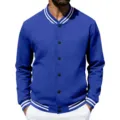 Men's vintage royal blue varsity jacket with striped ribbed collar cuffs and snap buttons. - S / Tops / Sapphire Blue