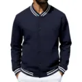 Men's Vintage Fleece Lined Varsity Jacket Detail View Classic Navy Blue Casual Outerwear - S / Tops / Navy Blue