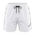 Men's breathable mesh athletic shorts detail, quick-dry fabric, black drawstring waistband. - White