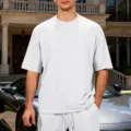 Men's white jacquard knit short sleeve t-shirt casual streetwear summer top stylish outfit - S / Tops / White