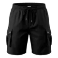 Close-up details of black mens cargo shorts with elastic drawstring waist and side pockets. - S / Bottoms / Black