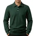 Heren lange mouw wafel gebreid poloshirt casual effen kleur omgeslagen kraag herfst top - S / Tops / Donkergroen