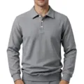 Heren effen wafelsteek lange mouw polo shirt, casual revers pullover top voor de herfst. - Grijs