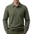 Heren casual wafeltje breien lange mouw polo shirt effen kleur revers trui top herfst. - Legergroen