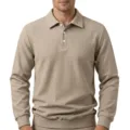 Heren Casual Effen Revers Wafel Gebreid Lange Mouw Polo Shirt Herfst Top Khaki Kleding - Khaki