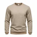 Men textured grid crewneck long sleeve sweater, khaki waffle knit pullover basic top detail. - Khaki