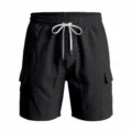 Men's black cargo shorts detail view featuring adjustable white drawstring and spacious side pockets. - S / Black