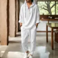 Casual men's linen hooded shirt and pants set detail view showing breathable fabric and fit. - S / Top And Bottom / White