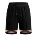 Men's waffle knit casual shorts with drawstring and contrast striped hem for summer. - S / Bottoms / Black