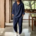 Detailed view of men's casual linen hooded shirt and pants set, indoor display showcasing relaxed fit. - S / Top And Bottom / Navy Blue