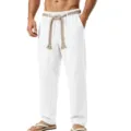 Detail shot of men's casual white linen trousers, featuring a stylish braided rope belt design. - S / Bottoms / 1 Piece / White