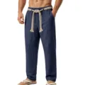 Detail view of men's casual dark blue linen trousers with thick rope drawstring belt. - S / Bottoms / 1 Piece / Navy Blue