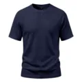 Detailed view of dark blue men's waffle knit short sleeve t-shirt, breathable texture. - S / Tops / Navy Blue