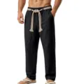 Men's casual linen straight leg pants with thick rope drawstring for summer beach vacation - S / Bottoms / 1 Piece / Black