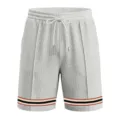 Grey waffle knit shorts detail featuring contrast striped hem ribbon and adjustable drawstring. - S / Bottoms / Light Gray