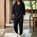 Men's casual linen hooded henley shirt and matching long pants set summer breathable beach wear. - S / Top And Bottom / Black
