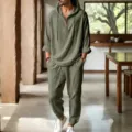 Men's casual linen hooded short sleeve shirt and long pants set for summer beach wear. - S / Top And Bottom / Army Green