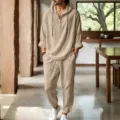 Men casual linen hooded henley shirt and long pants set summer breathable beach homewear - Khaki