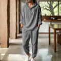 Men casual loose linen hooded long sleeve top and trousers set for summer beach and loungewear. - Dark Gray