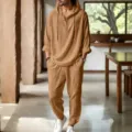 Men's casual linen hooded outfit detail view, showing breathable fabric and comfortable fit. - Earthy Yellow