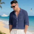 Vista dettagliata camicia lino uomo manica lunga, colletto, taschino e bottoni. - Taglia S / Top / Blu navy
