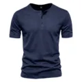 Men's Solid Color Short Sleeve Henley Shirt Casual Slim Fit Breathable Athletic T-Shirt Top - S / Navy Blue