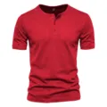 Red men short sleeve Henley shirt close-up showing breathable mesh fabric and button placket. - S / Red
