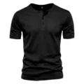 Men's black short sleeve henley shirt casual slim fit textured t-shirt breathable tops - S / Black