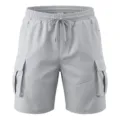 Men's light grey casual cargo shorts with elastic drawstring and multi-pockets detail. - S / Bottoms / Light Gray