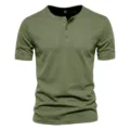 Mens military green short sleeve henley shirt, casual slim fit breathable summer top. - Army Green