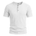 Detailed close-up view of a classic white ribbed short-sleeve Henley shirt with buttons. - S / White