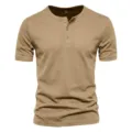 Men's khaki short sleeve Henley shirt, casual slim fit textured cotton t-shirt top. - Khaki