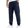Men's navy blue casual cargo sweatpants with multi-pockets and elastic cuffs for active wear. - S / Navy Blue