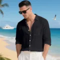 Camicia casual da uomo a maniche lunghe in lino con colletto a risvolto e tasca sul petto. - Taglia S / Top / Nero