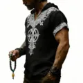 Herren Kurzarm Kapuze Leinen T-Shirt mit Retro Rune Druck casual Oberteil Detail Ansicht - S / Oberteile / Schwarz